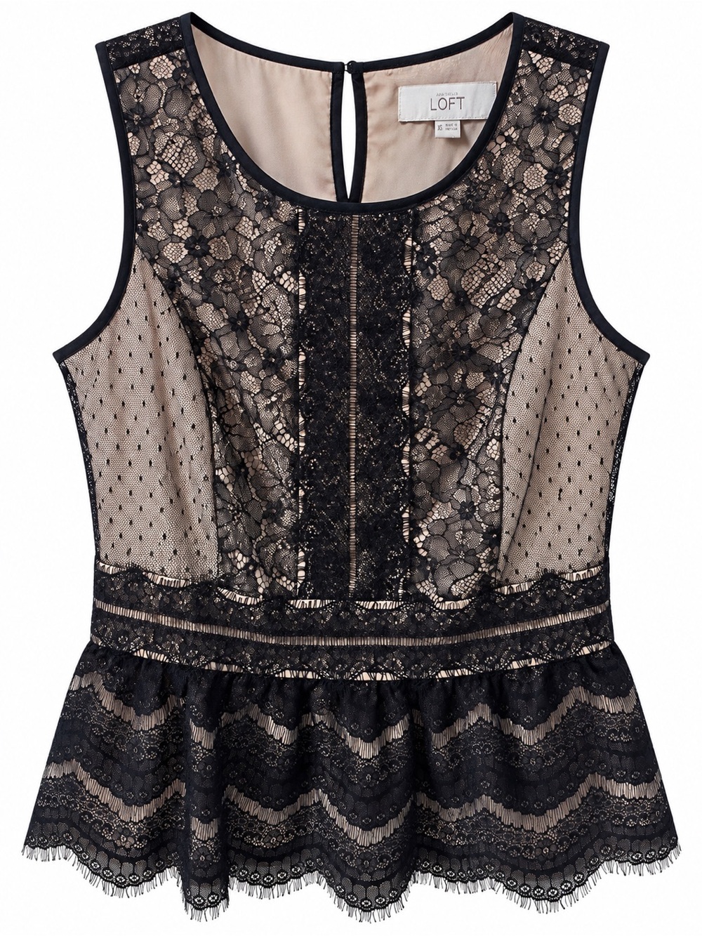 LOFT Sleeveless Black Tan Lace Peplum Womens Shirt Top Size XS